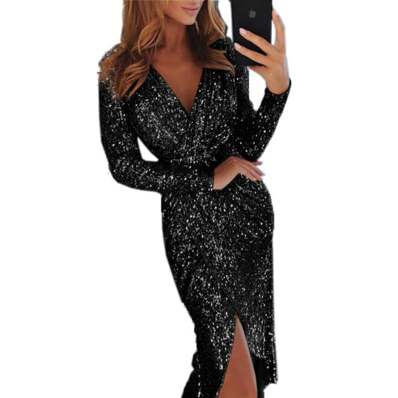 Ladies glamorous wrap dress made of sequins with deep V-neck and side slit Ivyshape