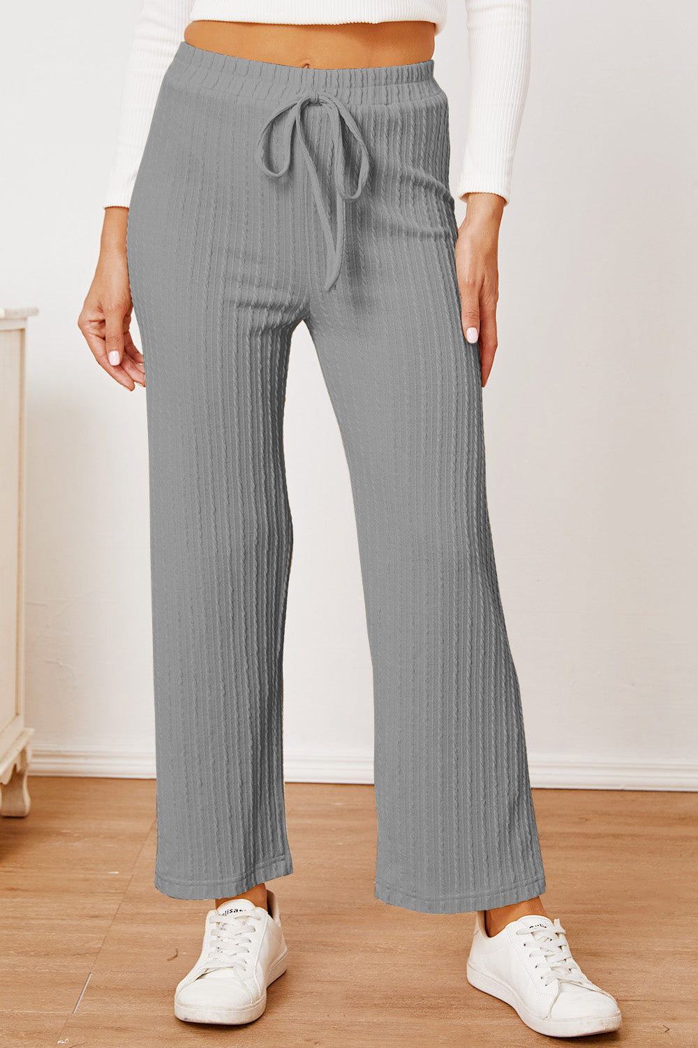 Ivyshape | Textured Elastic Waist Straight Pants