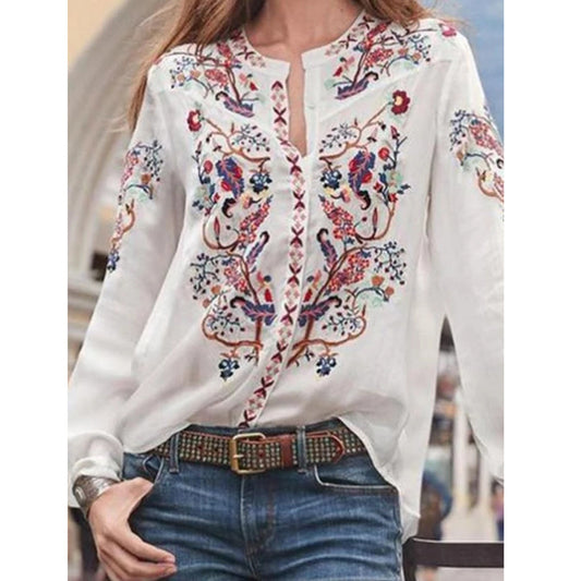Women Embroidered Blouse with Elegant Stand-up Collar and Transparent Fabric Ivyshape