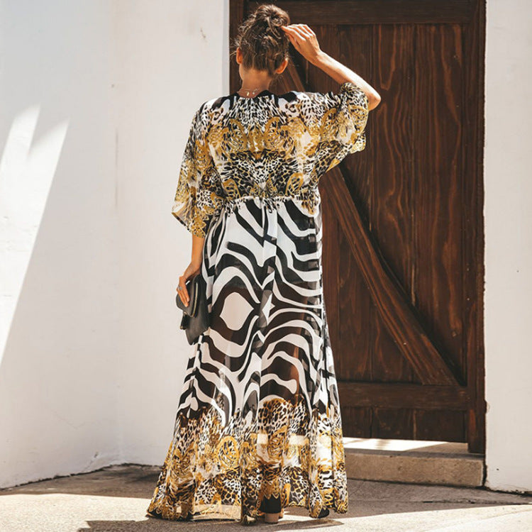 Women's beach kimono with A-shaped silhouette and elegant animal print Ivyshape