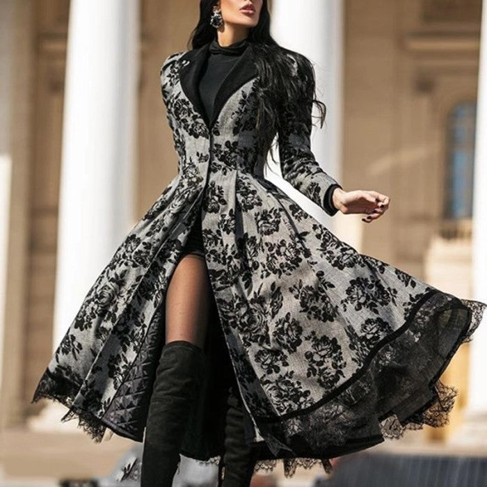 Ivyshape | Autumn Winter Lace Insert Retro Long Trench Coat