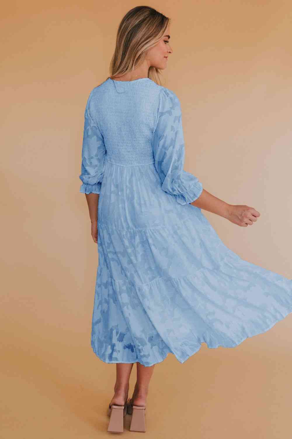 Smocked V-Neck Flounce Sleeve Dress