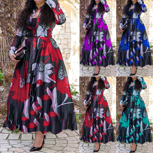 IvyShape | Waist-Cinched A-Line Digital Print Long Skirt