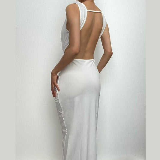 Sleeveless v neck solid slit knotted backless midi dress