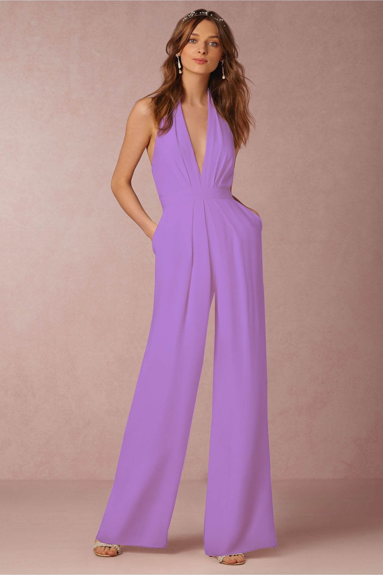 Color Halter Wide Leg Pants Jumpsuit