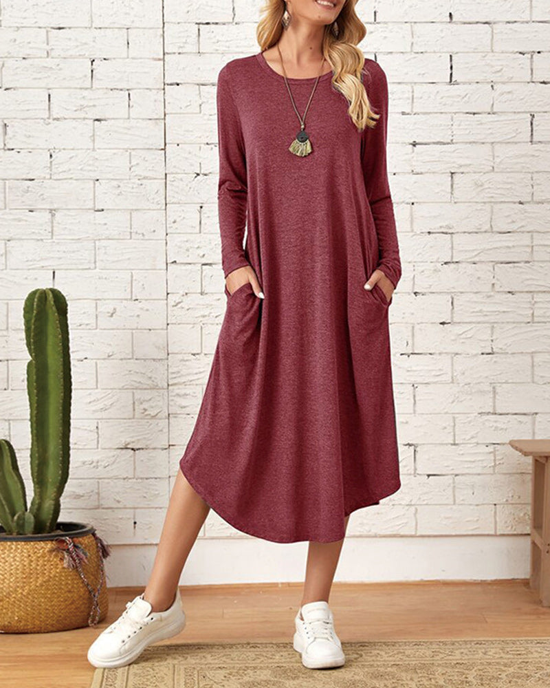 Summer Loose Midi Dress with Long Sleeves and Pocket | Ideal for Summer