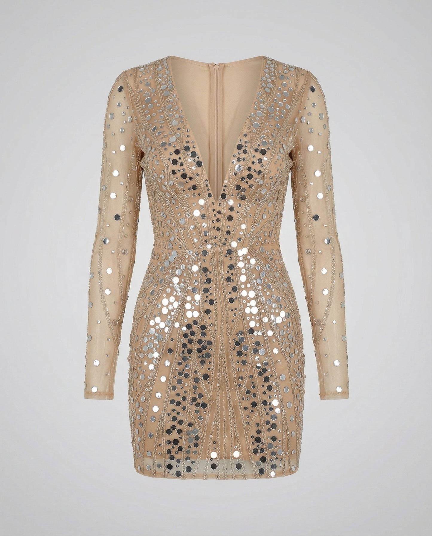 sheer sequin dress with gold-toned embellishment and glamorous statement fit