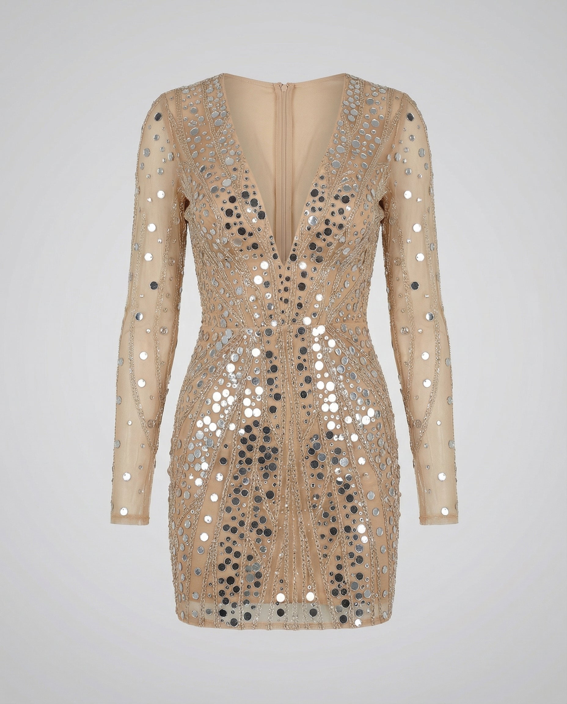 sheer sequin dress with gold-toned embellishment and glamorous statement fit