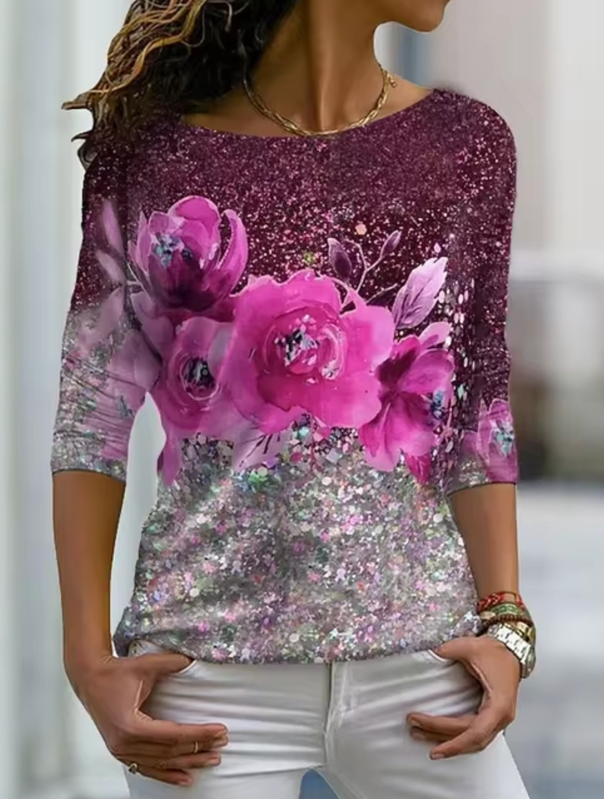 Ivyshape | Stylish Long Sleeve T-Shirt with Floral Print