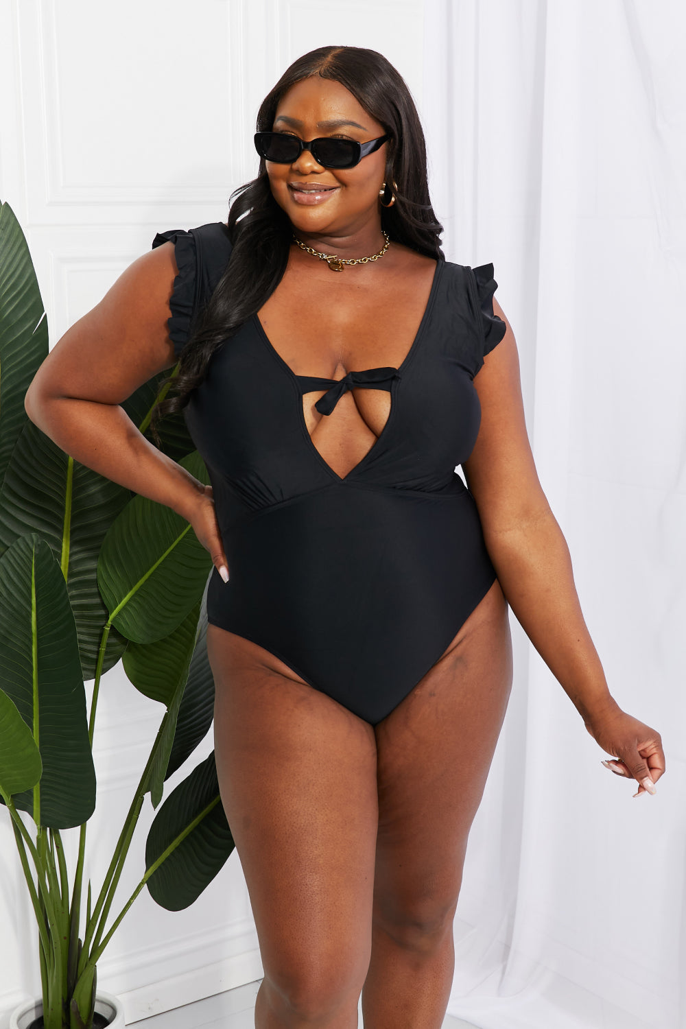 Ivyshape | West Swim Shell Ruffle Sleeve One-Piece In Black