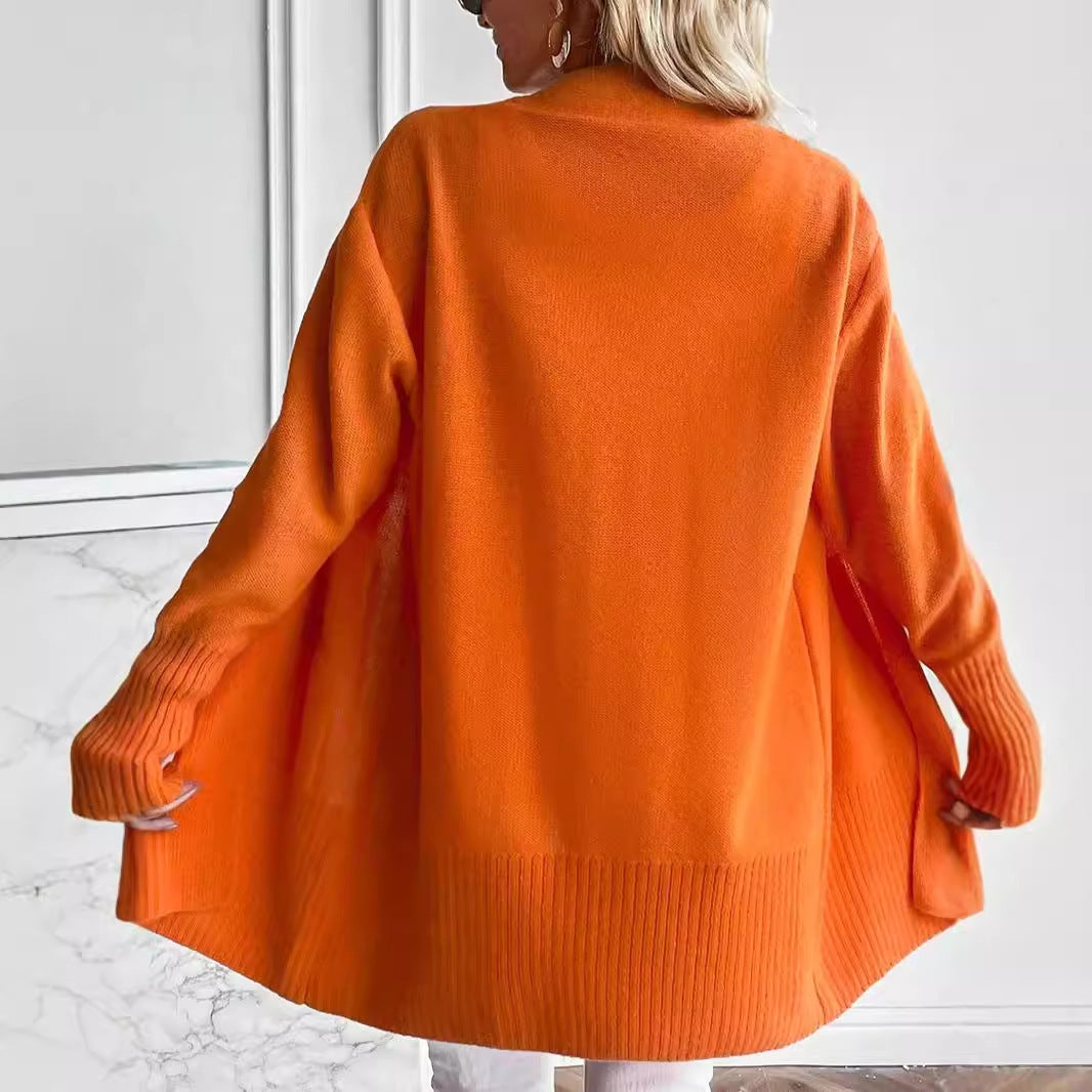 Ivyshape | Mid-Length Cardigan Sweater with Large Pockets and Long Sleeves