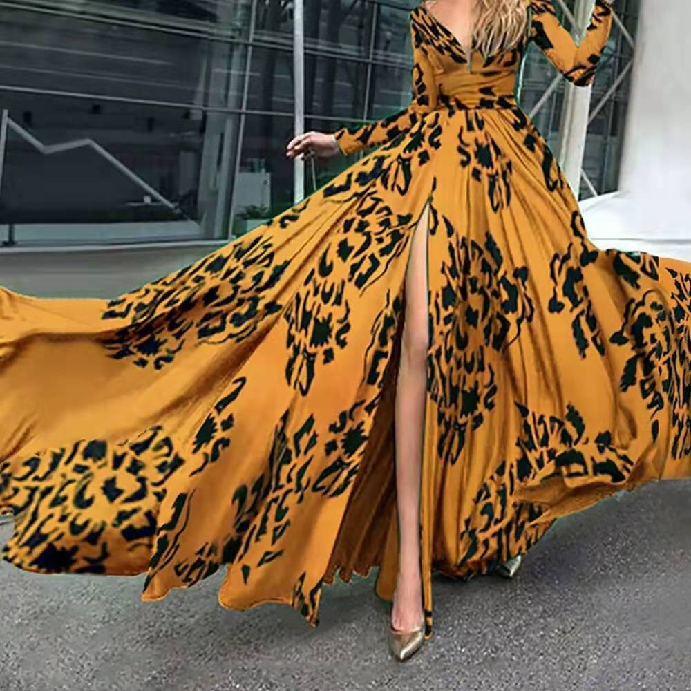 IvyShape | Slit Leopard Print Slim Fit Deep V Long Sleeve Dress