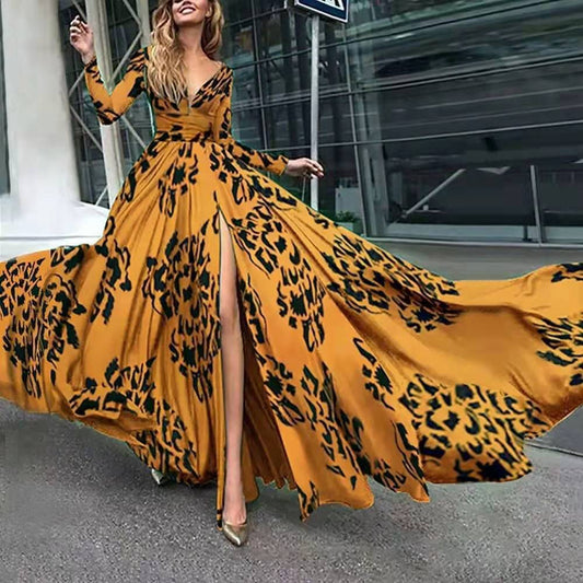 IvyShape | Slit Leopard Print Slim Fit Deep V Long Sleeve Dress