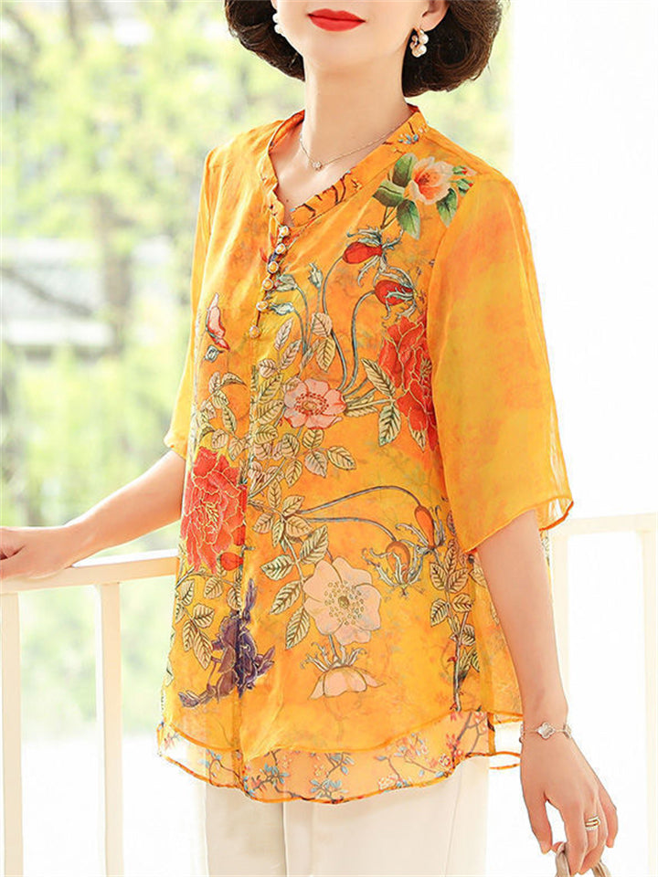 Peony Butterfly Print Plus Size Chiffon Shirt for Lady