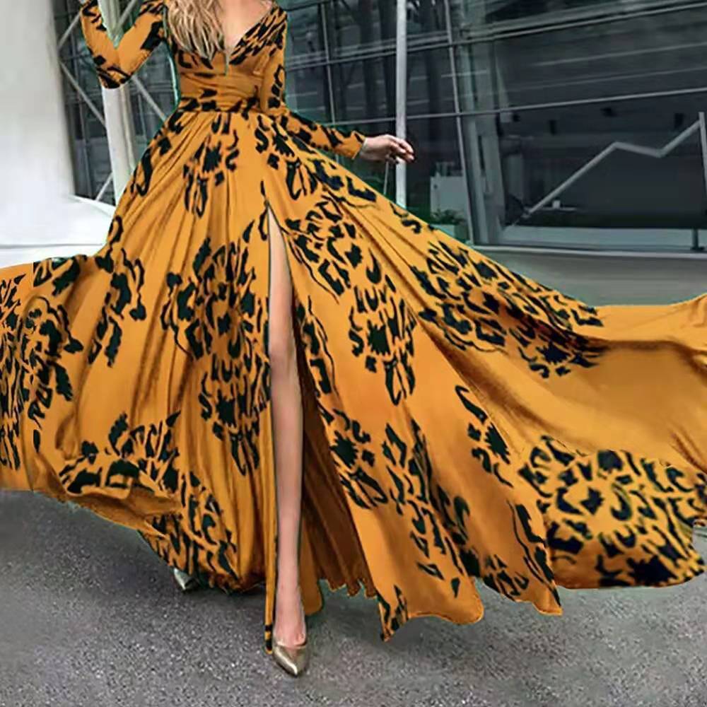 IvyShape | Slit Leopard Print Slim Fit Deep V Long Sleeve Dress