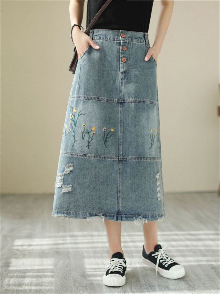 Ladies Floral Embroidered Ripped Vintage Denim Skirt