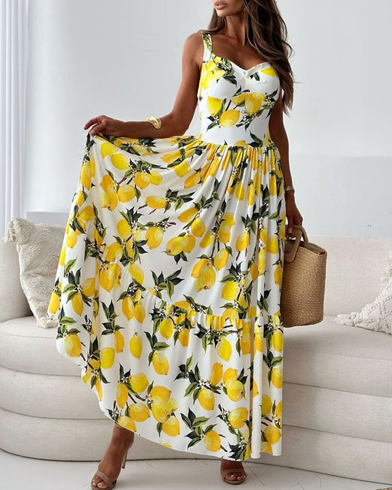 Ivyshape | Maxi dress with lemon pattern and wide straps