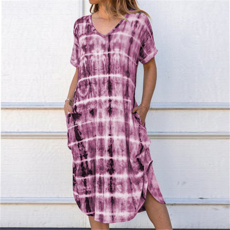 Ladies Loose Maxi Dress with Practical Pocket Design and Unique Tie-Dye Pattern Ivyshape