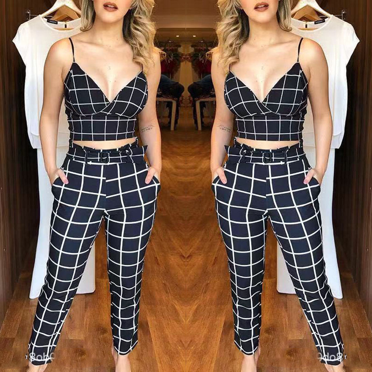 IvyShape | Printed Sexy Camisole Deep V Crop Top & Plaid Pants Set