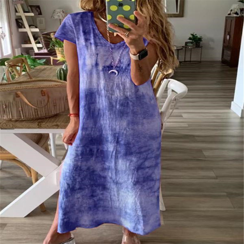 Women’s maxi dress with creative tie-dye design and V-neck Ivyshape
