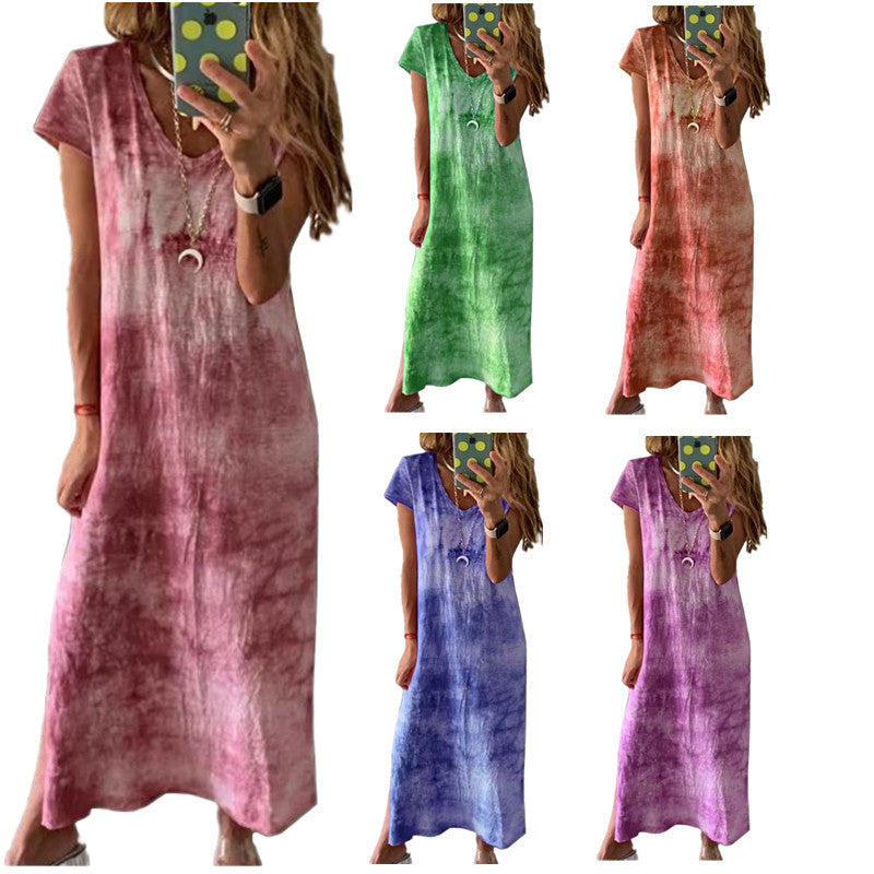Women’s maxi dress with creative tie-dye design and V-neck Ivyshape