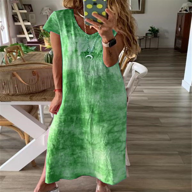 Women’s maxi dress with creative tie-dye design and V-neck Ivyshape