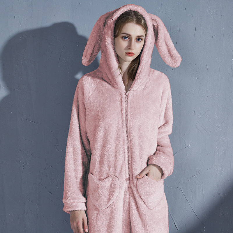 Ivyshape | Women's Bunny Ears Zipped Pajama Heart Pocket