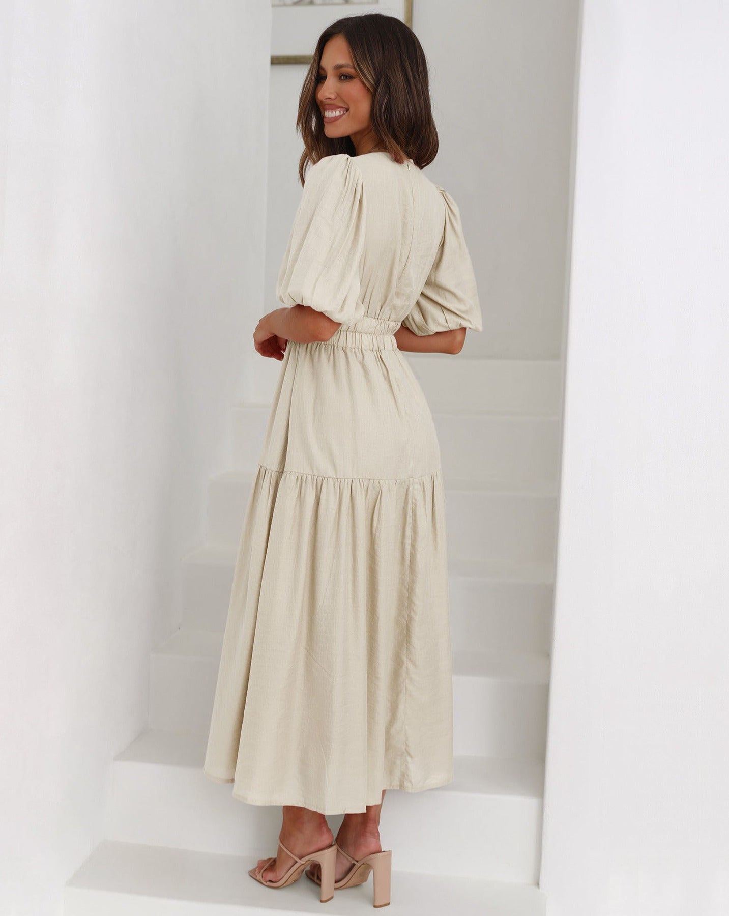 Ivyshape | Dress V-Neckline Puffed Sleeves