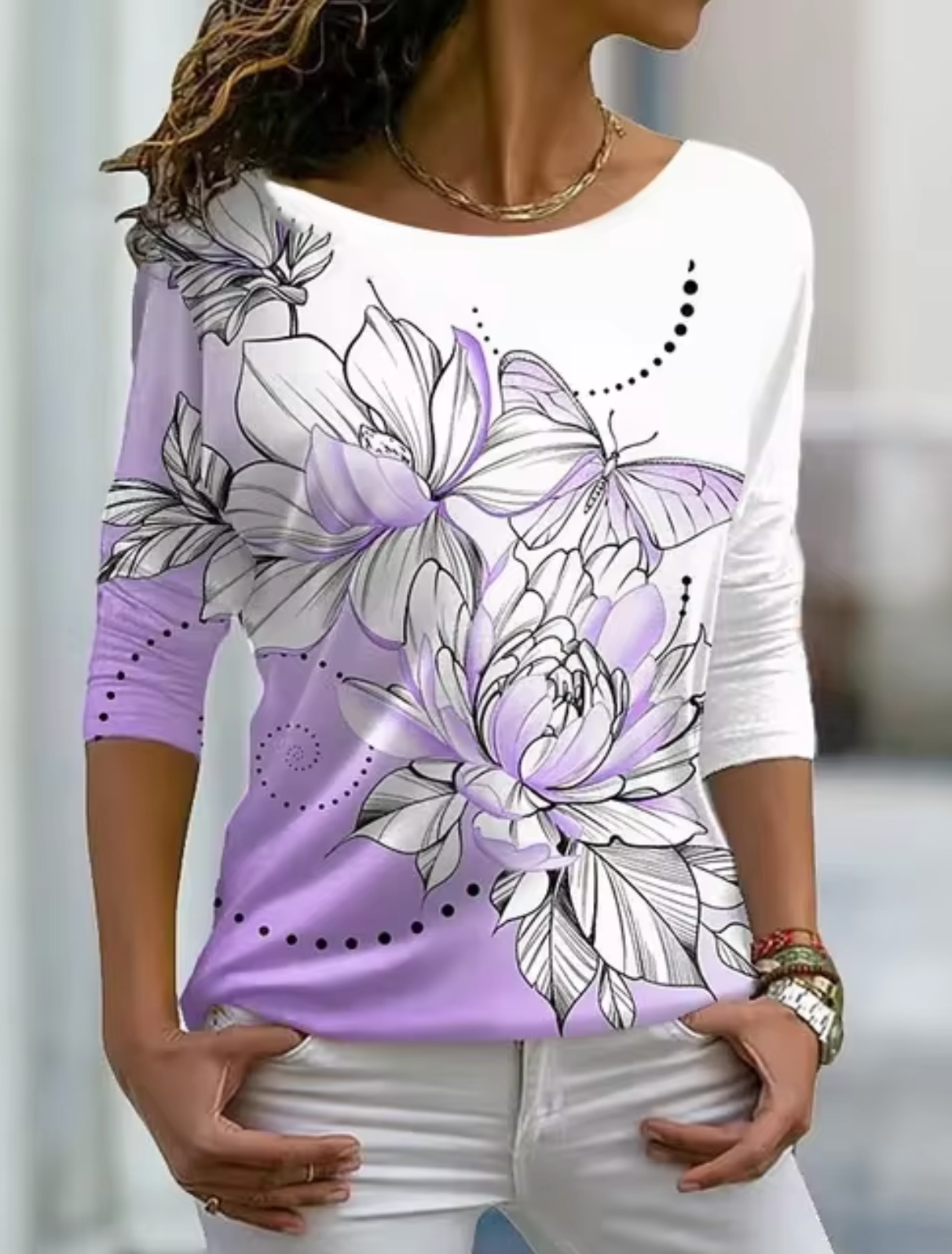 Ivyshape | Stylish Long Sleeve T-Shirt with Floral Print