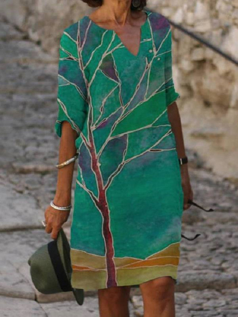 Ivyshape | Charming Linen Dress with Floral Pattern for Women