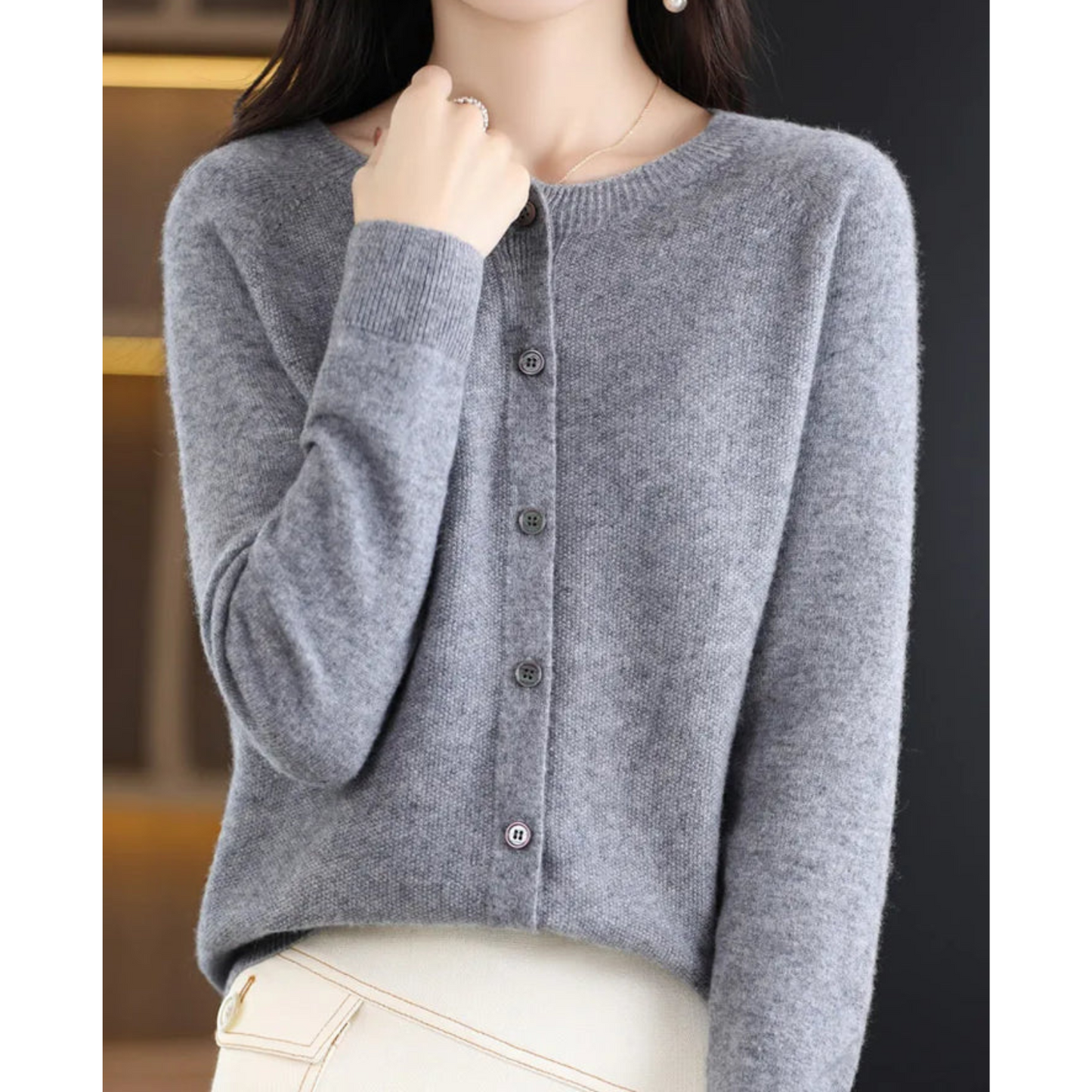 Ivyshape | Women’s cardigan with O-neck made of 100% pure merino wool, cashmere sweater