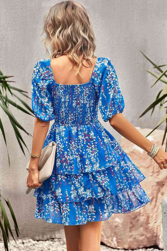 Smocked Square Neck Balloon Sleeve Mini Dress