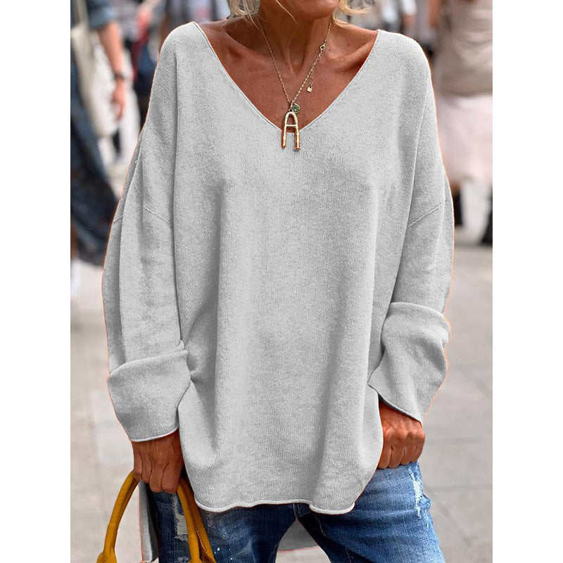 Ivyshape | Solid Color and V-Neck Long Sleeve Loose Casual Top