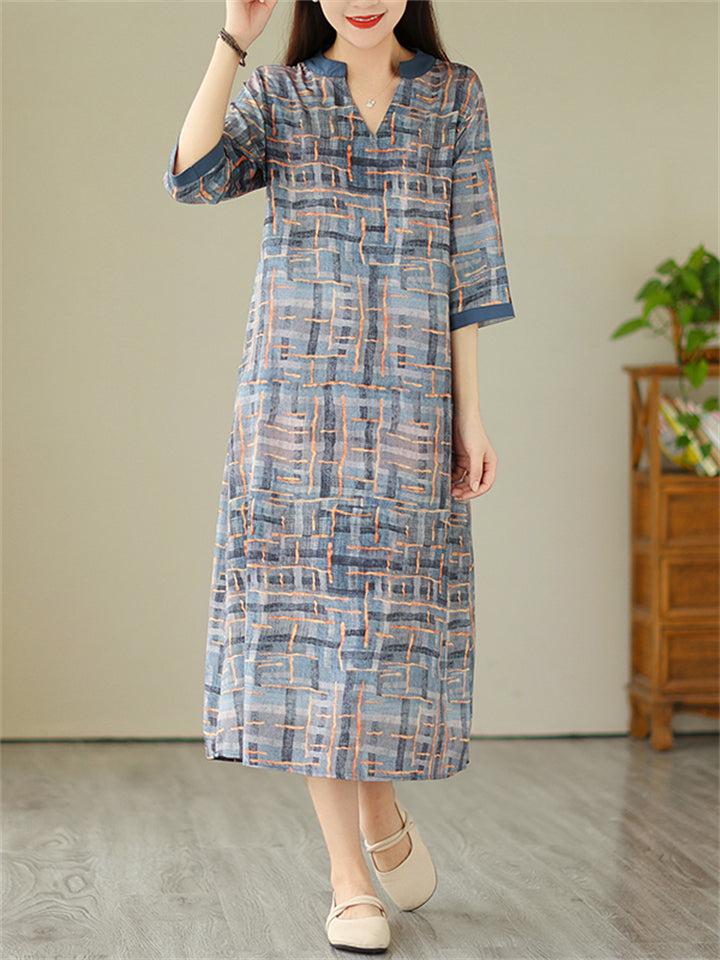 Female Mid-Length 3/4 Sleeve V-Neck Print Dresses