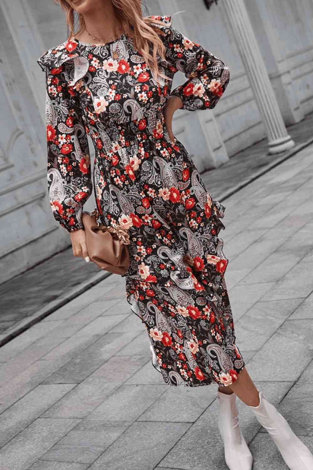 Floral Round Neck Long Sleeve Midi Dress