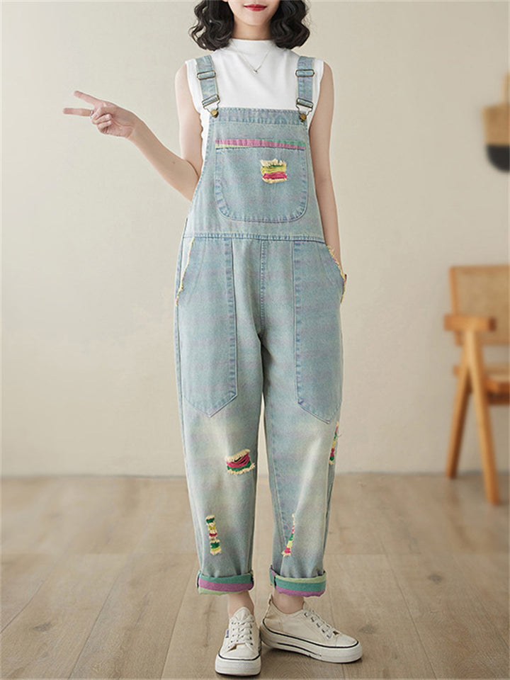 Cute Colorful Ripped Oversized Denim Jumpsuit for Women