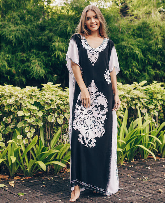 Women Elegant Kaftan Dress with Artistic Flower Motif Ivyshape