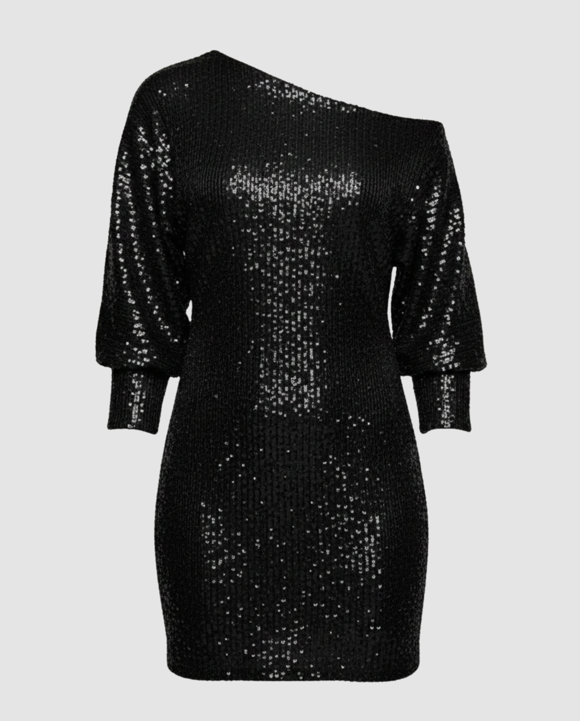one shoulder mini dress with shiny finish and statement silhouette