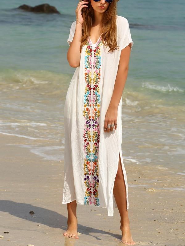 White Bohemia Short Sleeve Deep V Neck Beach Maxi Dress