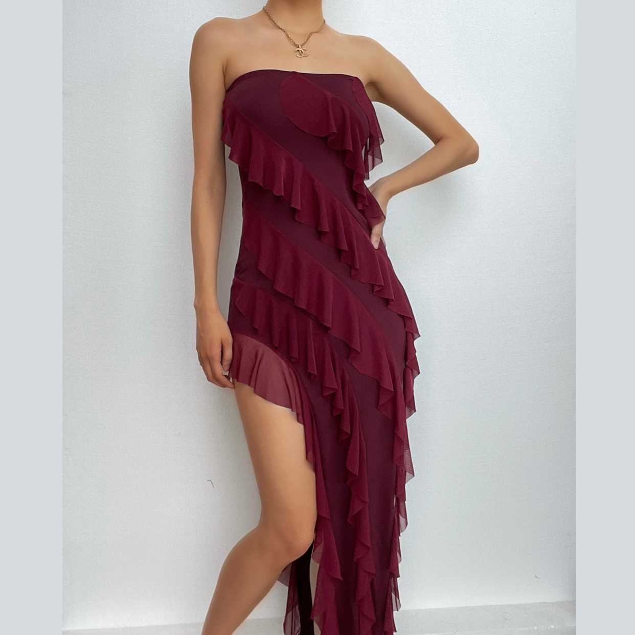 Irregular backless solid ruffle slit tube midi dress