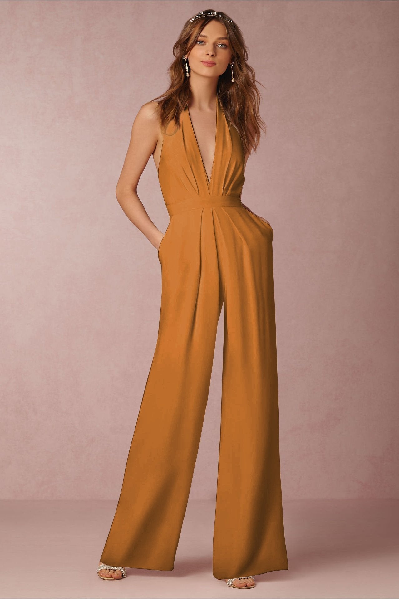 Color Halter Wide Leg Pants Jumpsuit