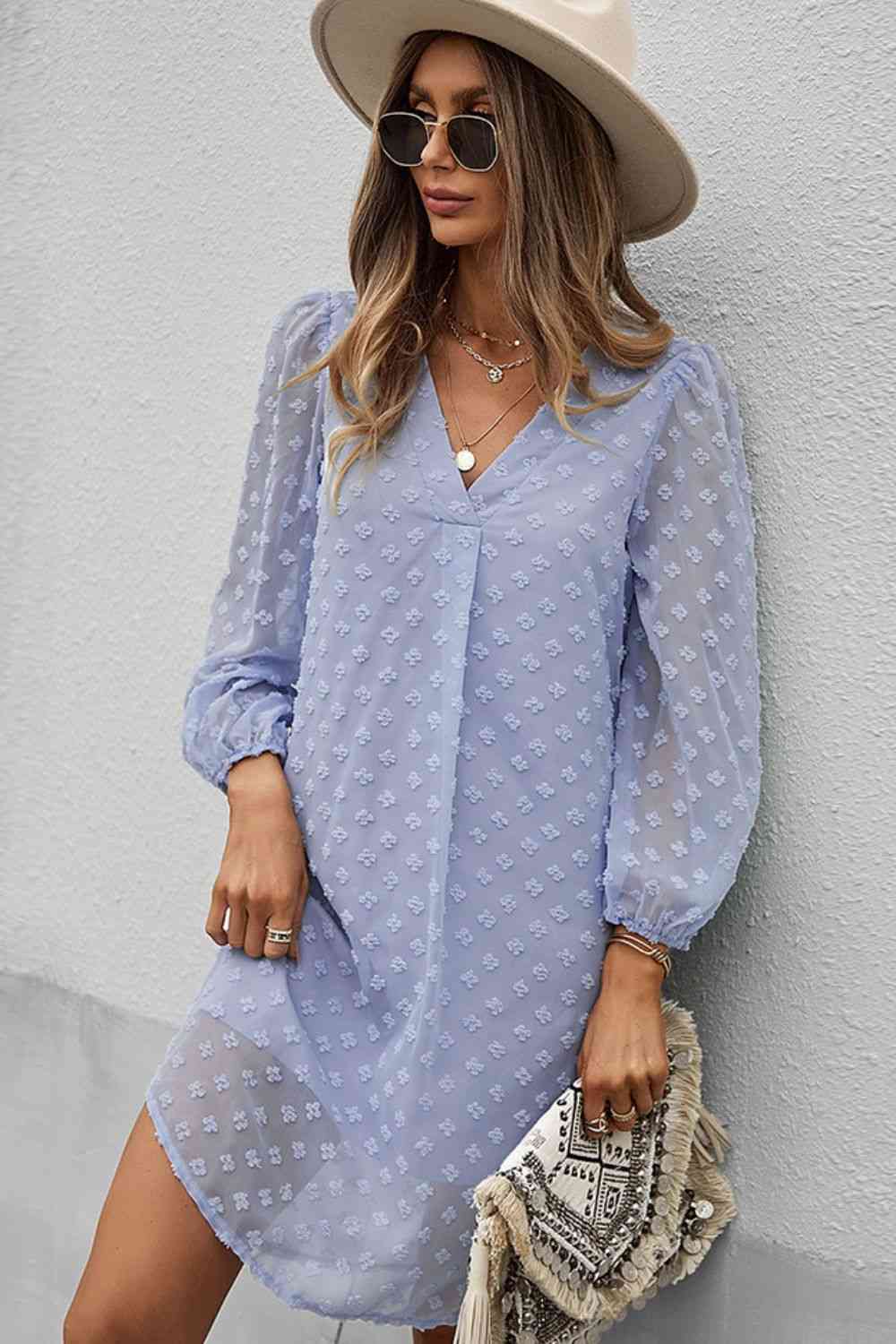 Swiss Dot V-Neck Long Sleeve Dress