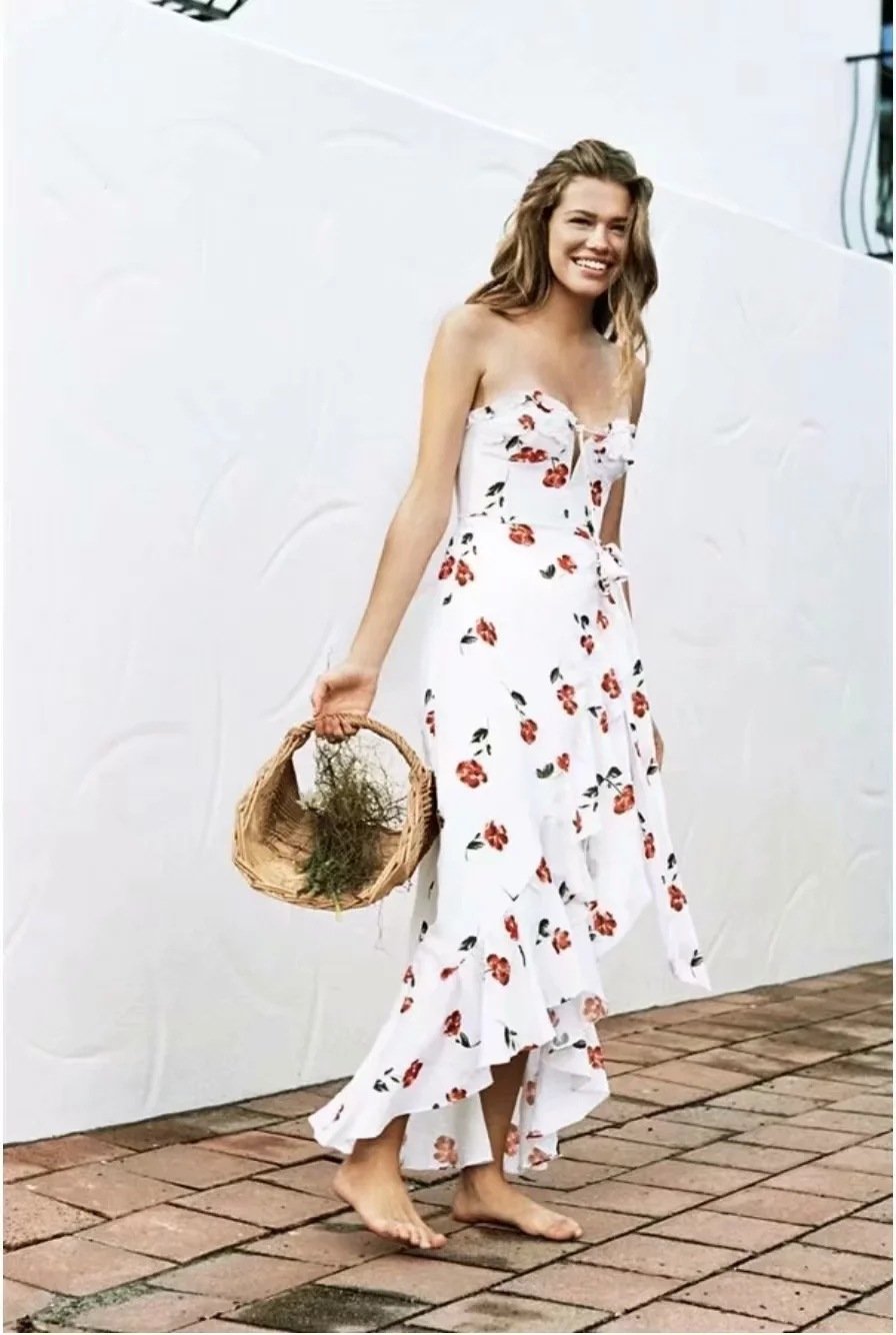 Style Hanging Neck Low-cut Dress Floral Long Dress