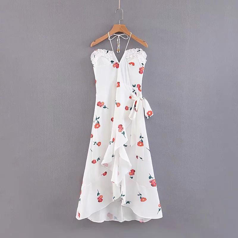 Style Hanging Neck Low-cut Dress Floral Long Dress