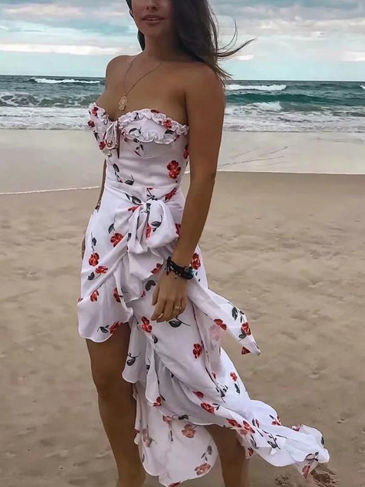 Style Hanging Neck Low-cut Dress Floral Long Dress