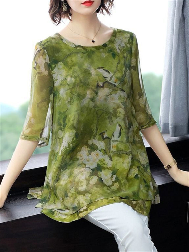 O-neck Floral Loose Chiffon Shirts