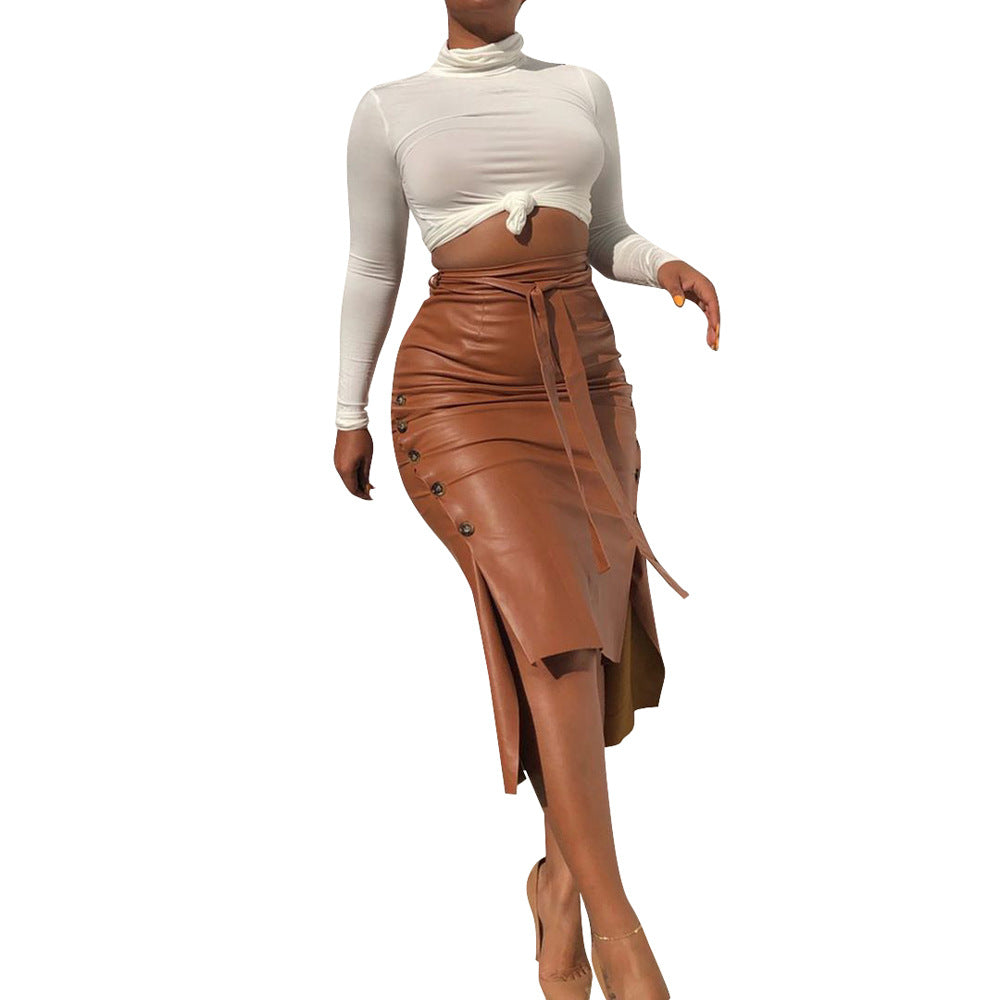 Ladies Elegant Pencil Skirt made of Faux Leather with Side Buttons and Waist Belt Ivyshape
