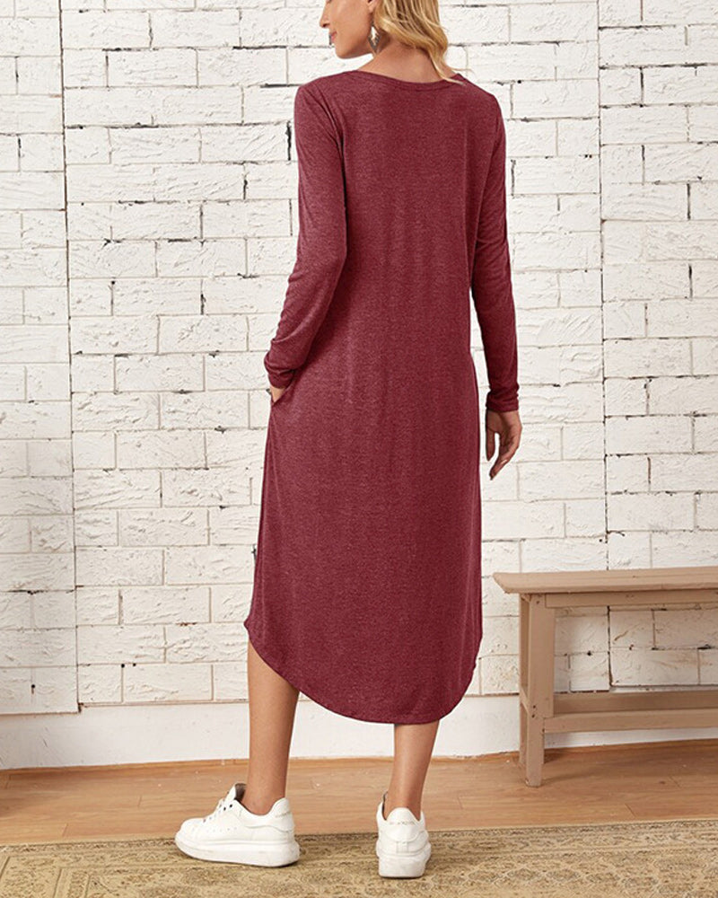 Summer Loose Midi Dress with Long Sleeves and Pocket | Ideal for Summer