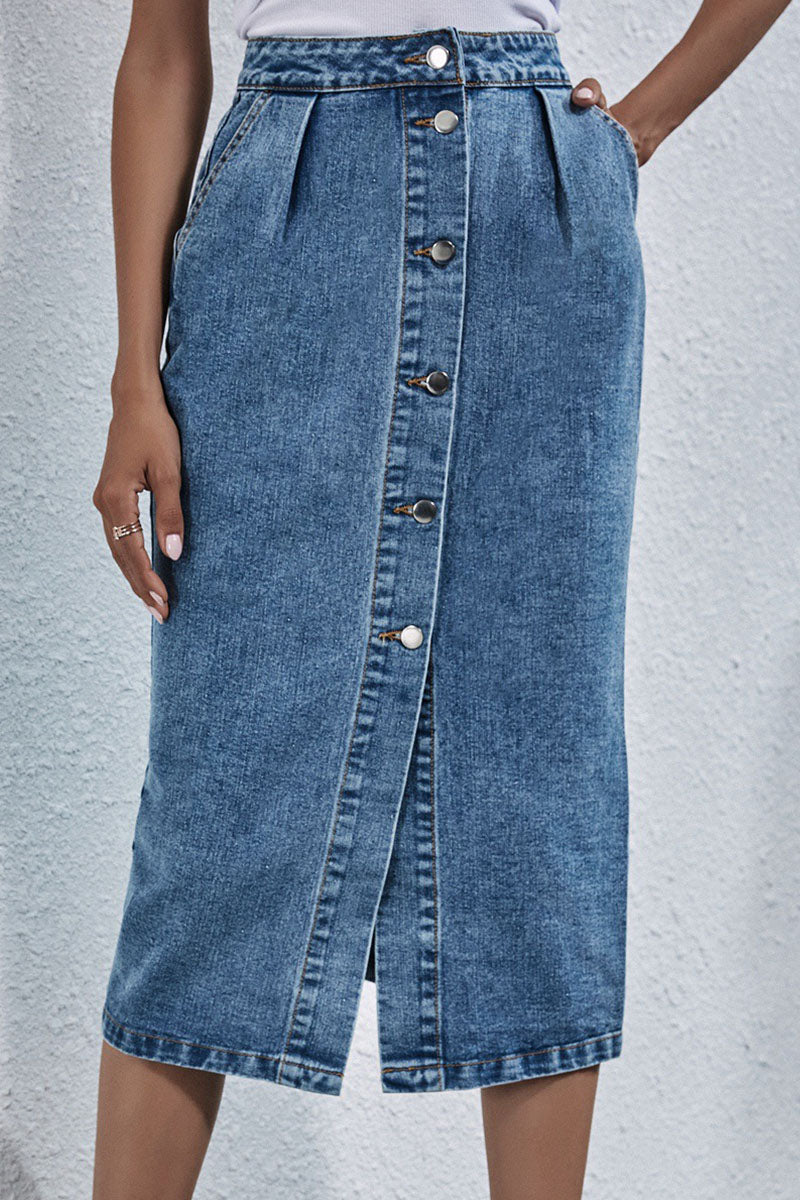 Ivyshape | High-Waist Button-Front Long Denim Skirt