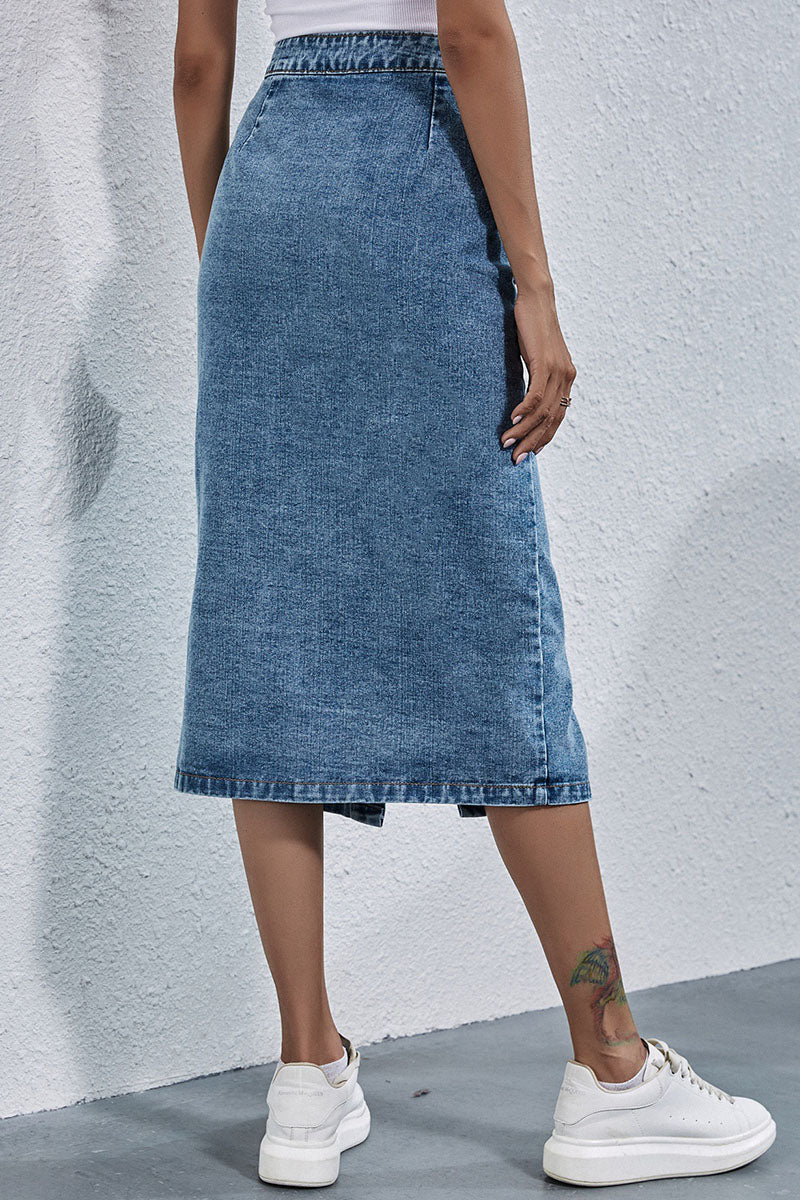 Ivyshape | High-Waist Button-Front Long Denim Skirt